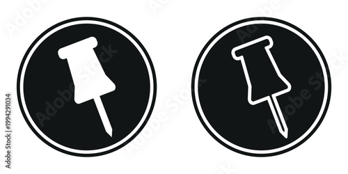 Black and white pushpin icon set representing important location markers and essential office supplies