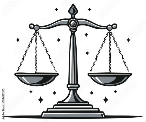 Illustration of metallic scales of justice, representing fairness and balance for legal concepts, shiny elements.