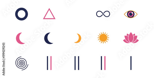 Abstract geometric symbols set on black background