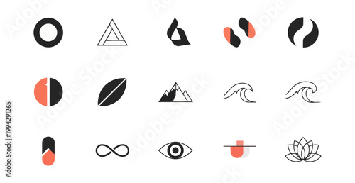 Abstract geometric icons set on black background for design elements