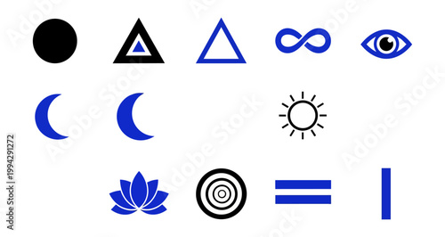 Abstract geometric symbols set against black background