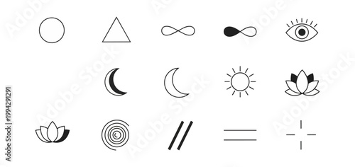 Abstract geometric symbols set on black background