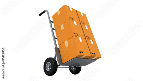 Fotografija Orange Cardboard Boxes Stacked on Silver Metal Hand Truck