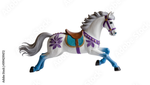 Whimsical painted carousel horse with purple saddle and blue hooves