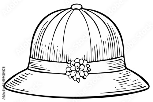 Vintage Pith Helmet Outline Illustration with Floral Ornament for Coloring Books or Safari Adventure Visuals