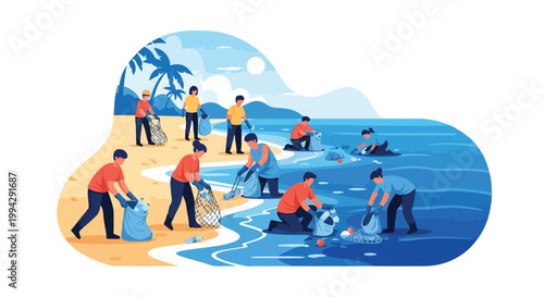Illustration of people in orange shirts cleaning up trash on a beach with ocean and palm trees in the background.