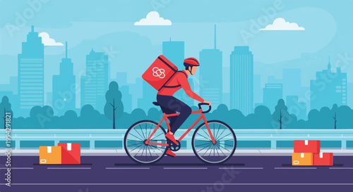 Delivery person riding bicycle with food bags on back against city skyline background with boxes on road.