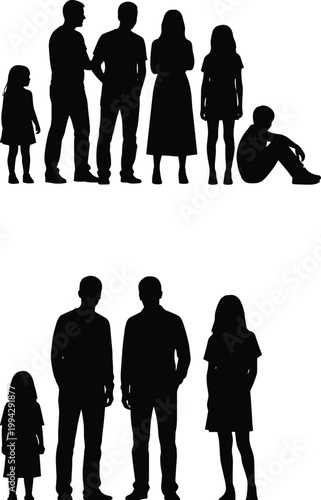 Tableau sur toile Silhouette illustration of diverse family groups with children, adults, and teen