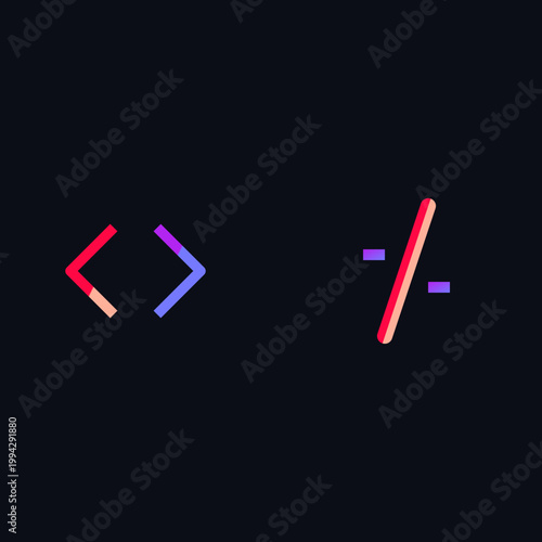 Stylized colorful coding brackets and division symbols on dark background representing software development logic concepts