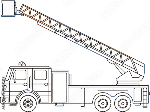 Fire truck illustration, emergency vehicle with extended ladder and rescue equipment simple outline drawing kids coloring page design