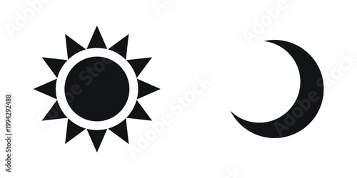 Sleek black sun and crescent moon icons representing day light cycle weather and celestial bodies vector graphic