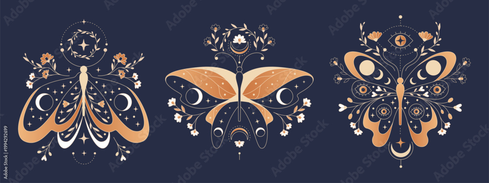 Naklejka premium Celestial moth with moon phases and stars in boho style, vector illustration isolated on black. Mystical butterfly tattoo with eyes on wings, flowers, and esoteric symbols for witchy tarot card design