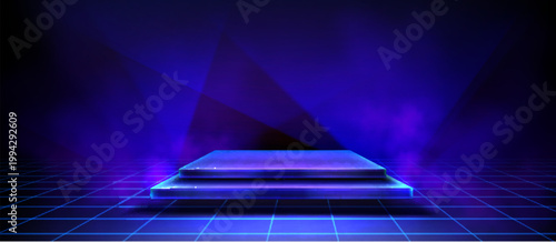 Glowing square stage with neon lights on dark. Vector realistic illustration of futuristic digital platform on grid floor, game winner presentation podium, holographic display with LED effects