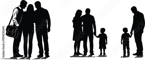 Silhouette illustration of diverse family groups with adults and children holding hands, symbolizing relationships, parenting, and togetherness