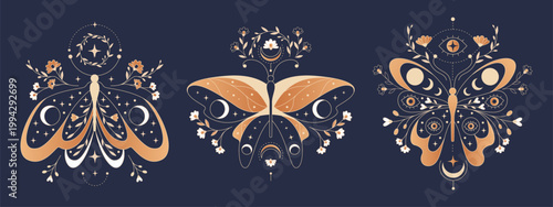 Celestial moth with moon phases and stars in boho style, vector illustration isolated on black. Mystical butterfly tattoo with eyes on wings, flowers, and esoteric symbols for witchy tarot card design