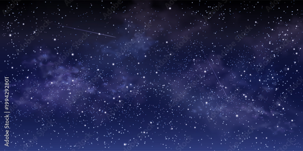 Fototapeta premium Starry night sky background with glowing stars, cosmic dust, and blue nebula clouds, abstract vector illustration. Magical space atmosphere, realistic sparkle effect and falling or flying meteor