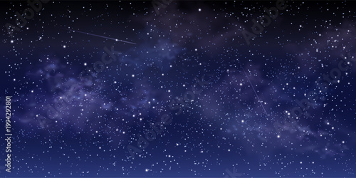 Starry night sky background with glowing stars, cosmic dust, and blue nebula clouds, abstract vector illustration. Magical space atmosphere, realistic sparkle effect and falling or flying meteor