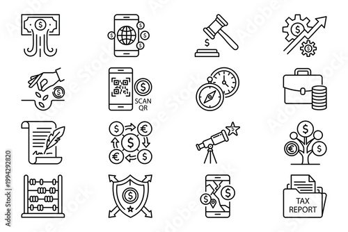 Business finance and investment strategy collection featuring various modern and traditional monetary concept icon vector illustration set.