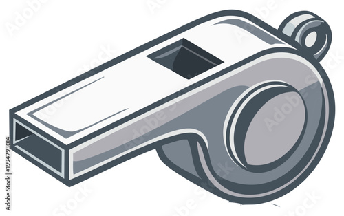 Cartoon-style illustration of a silver whistle, a symbol for sport and game officiating