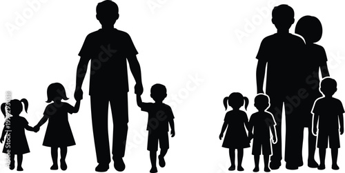 Silhouette illustration of diverse family units showing single parent and two parent households with children together outdoors