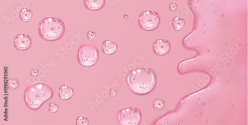 Pink gel droplets, liquid oil border and water bubbles, vector fresh cosmetic background with realistic texture. Flowing acid serum or jelly collagen splash, skincare and beauty product design