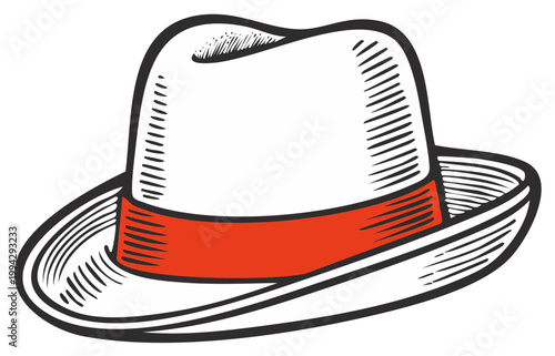 Illustration of a fedora hat with a red band and vintage engraving style.