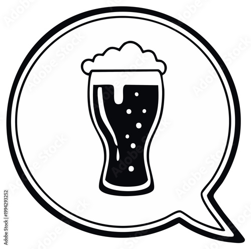 Stylized black and white icon of a frothy beer in a speech bubble symbol