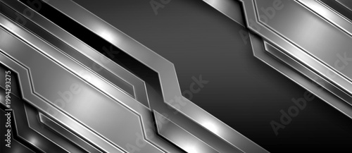 Abstract metal background with realistic brushed steel texture, glossy chrome surface, and geometric pattern in grey, black, and red tones. Vector border template for modern sport design