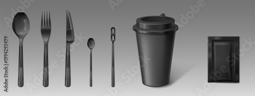 Realistic 3D plastic cup with disposable cutlery, black takeaway mug with cap, fork, spoon, knife and wood stir stick, vector illustrations isolated on background for cafe and fast food mockup design