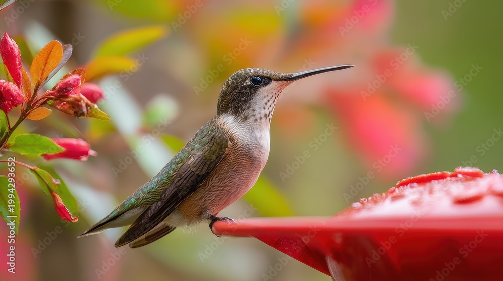 Fototapeta premium Tiny bird at nectar feeder with green foliage and soft background bokeh