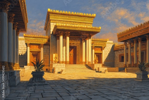 Timeless temple scene: Solomon's Temple in Jerusalem, grand sanctuary bathed in warm light and sacred ambience
