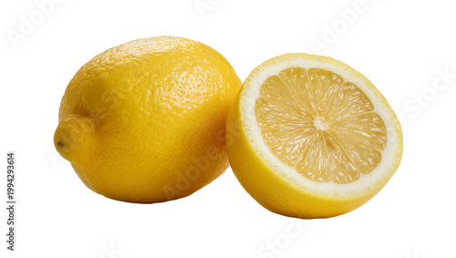 Tableau sur toile Whole yellow lemon and halved citrus fruit with juicy pulp