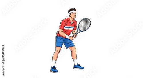 Man holding tennis racket ready.
