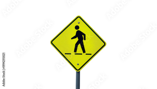 Yellow diamond pedestrian crossing sign with black figure and dashed lines