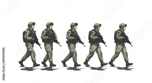 Soldiers in tactical gear walking.