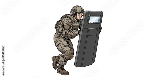 Soldier in tactical gear holding shield.