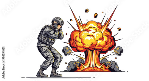 Soldier in combat gear with explosion.