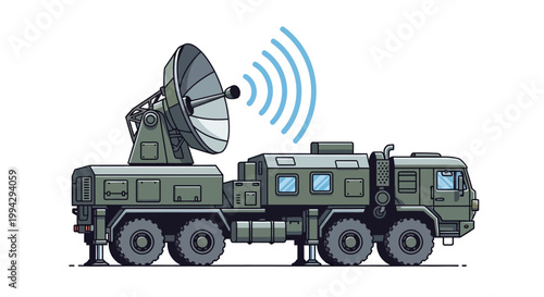 Military truck with satellite dish antenna.