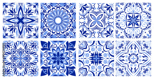 Greek mosaic tile pattern with traditional italian, spanish ornament, abstract vector borders on white background. Blue geometric design, floor or wall portuguese azulejo style, vintage floral motif