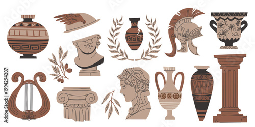 Ancient Greek elements, amphora with traditional patterns and classic statue or bust silhouette, cartoon vector set isolated on white. Elegant vase illustration, Grecian pottery, cultural symbols