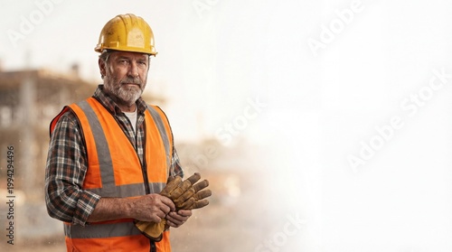 Mature Construction Worker Wearing Yellow Hard Hat and Safety Vest