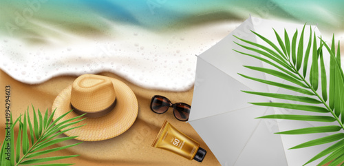 Sandy beach banner with sunscreen bottle, sunglasses, straw hat and umbrella, palm leaves on summer sea shore, 3d realistic vector background, top view. Tropical product display for cosmetic ads