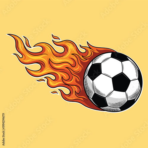 Soccer ball with blazing fire flames dynamic sport competition vector illustration icon