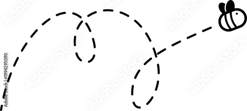 A bee flies in a dotted line path