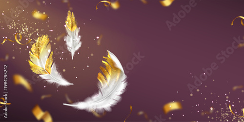 Background with white feathers with gold glitter