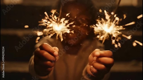 Child Holding Sparklers At Dusk Creating Magical Sparkle Effect Outdoor