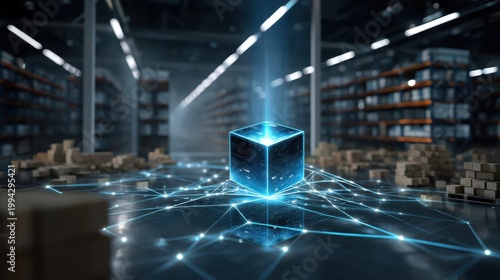 A glowing digital cube hovers amid a warehouse, symbolizing advanced technology and interconnected data networks in a futuristic storage environment.