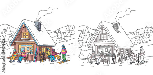 Ski resort cabin coloring book illustration. Vector winter landscape with snowy chalet, pine trees, and skiers relaxing. Includes colored and black and white outline versions.