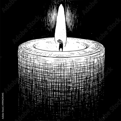 A candle in the dark. Burning candle on black background. Monochrome vector. Transparent EPS version.