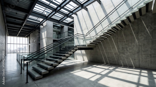 Modern industrial architecture interior with concrete walls and minimalist stairs
